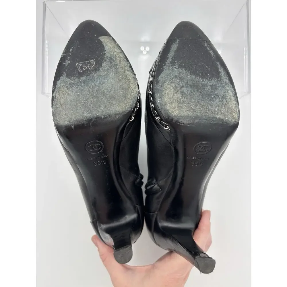 Chanel Interlocking CC Logo Platform Ankle Boots Black Leather Size 38 / 8 Chain